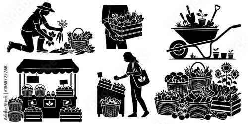Farmers market and organic gardening silhouettes set. Vector collection of people harvesting vegetables, garden tools, wicker baskets and local farm stalls