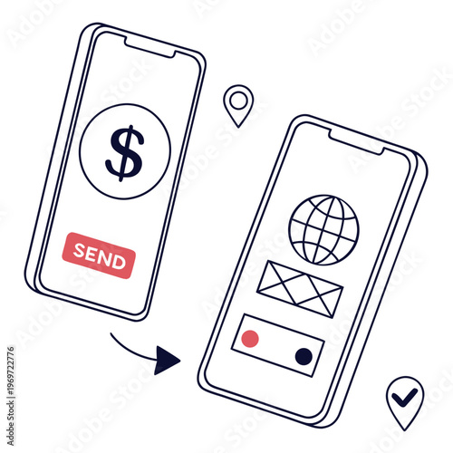 A digital illustration depicts two smartphones exchanging money and data showcasing global financial transactions and mobile payments high quality professional