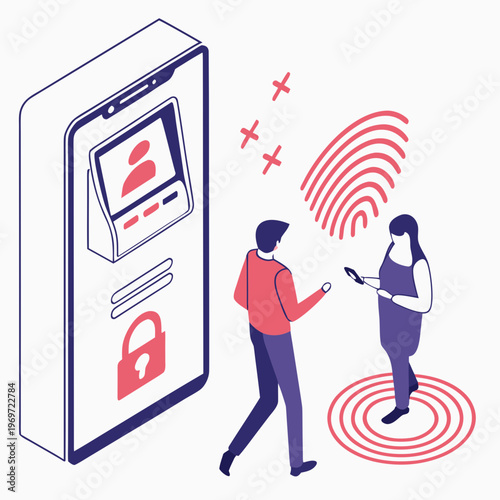 A modern illustration depicts digital security measures including facial recognition fingerprint scanning and mobile phone access control high quality professional