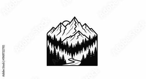 Majestic mountain peaks pierce the sky above a dense forest and winding river