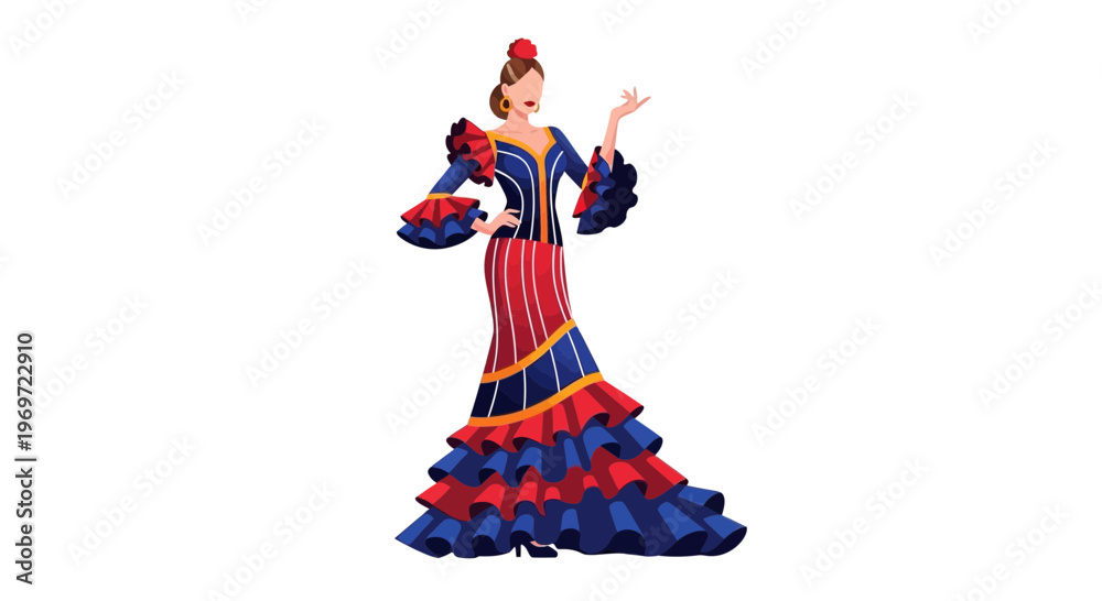 Fototapeta premium Flamenco Dancer Woman in Traditional Red and Blue Dress