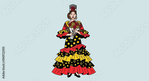 Flamenco Dancer Woman in Traditional Dress Holding Flowers