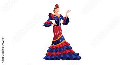 Flamenco Dancer Woman in Traditional Red and Blue Dress