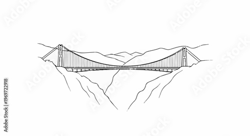 Majestic suspension bridge spans a chasm between rocky cliffs and distant mountains