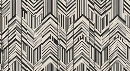 Elegant geometric seamless pattern featuring a complex chevron or zigzag design with vertical and diagonal lines in a sophisticated grayscale palette.