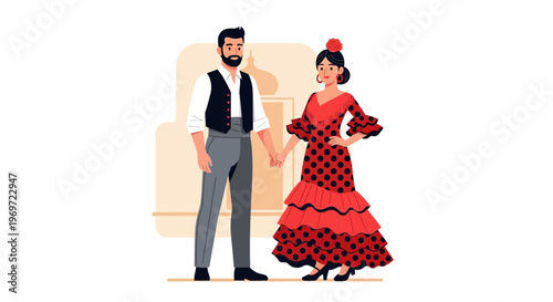 Flamenco Dancers Couple Holding Hands, Traditional Spanish Costume