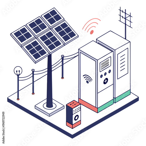 An isometric illustration depicts a solar energy system with panels a power station and wireless energy transmission high quality professional