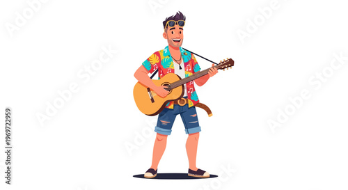 Happy man playing guitar on white background, summer vacation, musician, guitarist