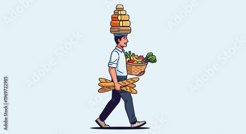 Man carrying groceries and bread on head, balanced food delivery