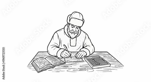 Man in fur hat writing at desk with abacus and open book
