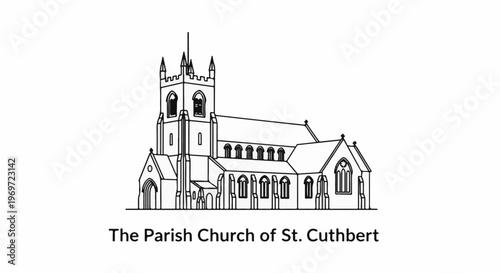 Line drawing of a church with a tall steeple and arched windows
