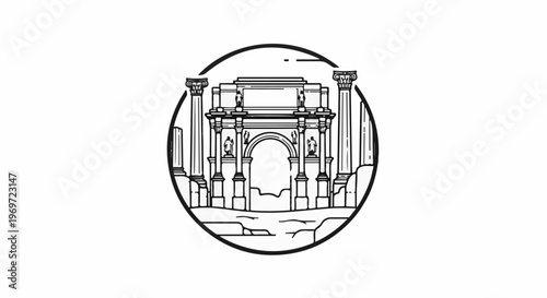Line drawing of a classical triumphal arch with columns within a circle