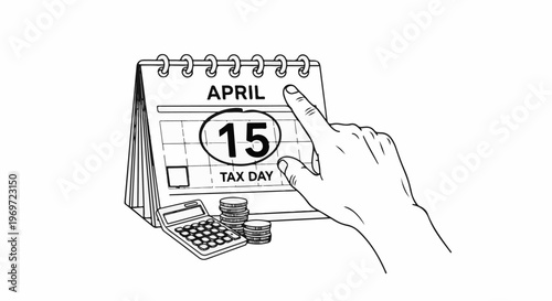 Finger points to April 15th 'Tax Day' on calendar beside calculator and coins