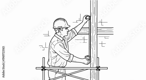 Man in hard hat measures vertical wooden beam with tape measure on scaffolding