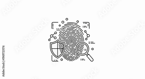 Fingerprint, shield, and magnifying glass symbolize security and investigation