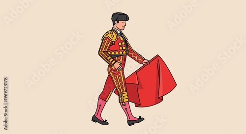 Matador in traditional costume with red cape walking