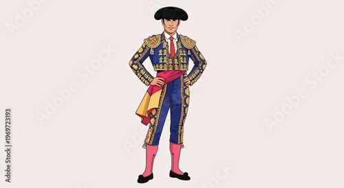 Matador in traditional costume, standing pose, hands on hips, red tie, pink socks