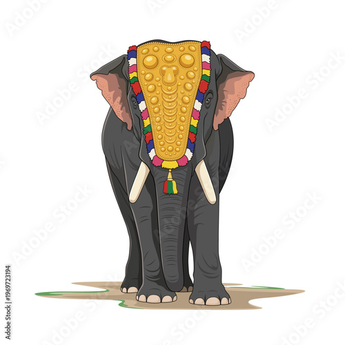 Kerala Festival Elephant Vector Illustration with Golden Nettipattam Thrissur Pooram and Temple Festivals of Kerala