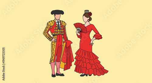 Spanish Matador and Flamenco Dancer Couple in Traditional Attire