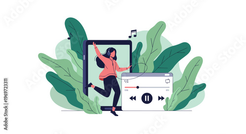 Energetic young girl dancing joyfully with headphones while emerging from a giant smartphone screen with a music player interface in the foreground.