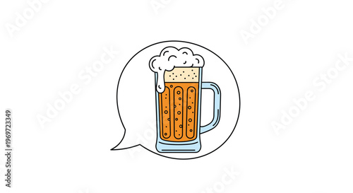Minimalist icon featuring a tall glass mug of cold frothy beer placed inside a white speech bubble symbol against a plain white background for bar.