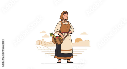 Woman in traditional clothing with basket of harvest in rural landscape