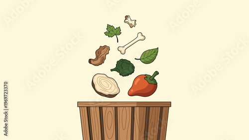 Various organic food waste items like bones and vegetables falling into a wooden composting bin for eco friendly gardening.