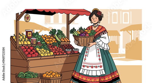 Woman in traditional dress at a fruit and vegetable market stall