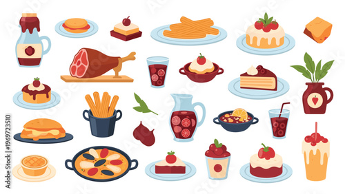 Collection of traditional Spanish food items including paella, churros, ham, and various desserts isolated on white.