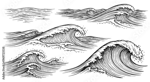 Waves hand drawn sketch set with turbulent water and sea spray, black and white line art illustration.