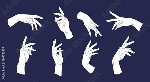 Beautiful collection of hand sketches in various graceful and expressive poses drawn with white lines against a dark blue background for art study.