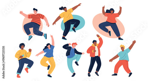 Group of diverse and energetic people jumping and dancing with pure joy and excitement against a plain white background for a happy life concept.