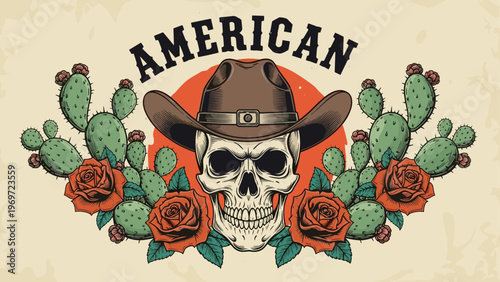 Grungy vintage illustration of a human skull wearing a cowboy hat surrounded by cactus plants and red roses in the desert.