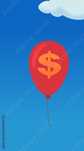 Visualizing economic inflation and wealth growth with a red dollar balloon rising through a blue sky with clouds. (loopable)