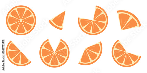 Flat vector illustration of orange citrus slices in different cuts and angles. Bright, fresh elements isolated on white background, perfect for food design, menus and summer themes.