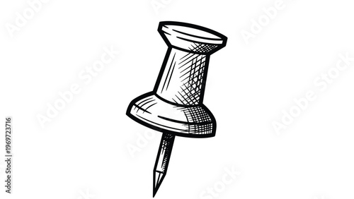 Detailed hand drawn sketch of a metal push pin or thumbtack for office and organizational concepts isolated on white.