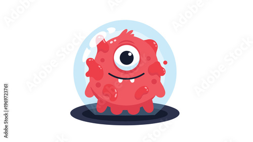 Cute one-eyed red monster character trapped inside a transparent soap bubble floating over a dark surface background.