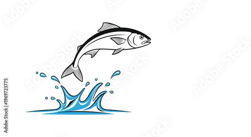 Dynamic drawing of tuna fish jumping out of water with blue splashes captures the energy and power of marine life in the ocean.