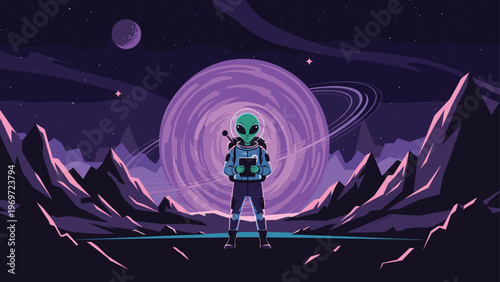 Alien character in a space suit standing on the surface of a distant purple planet with rings and moons at night.