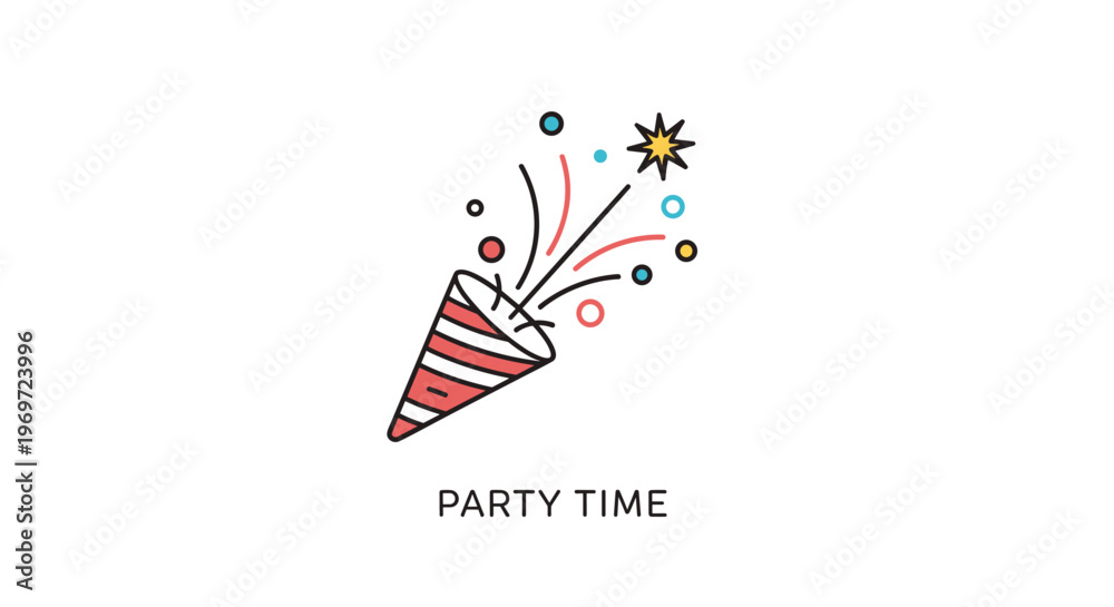 Obraz premium Colorful party popper illustration with confetti and the text party time celebrates festive occasions like birthdays and new years.