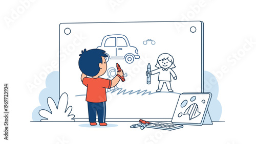 Creative young children drawing a blue car and other shapes on a large white board with colorful crayons in a bright classroom setting.