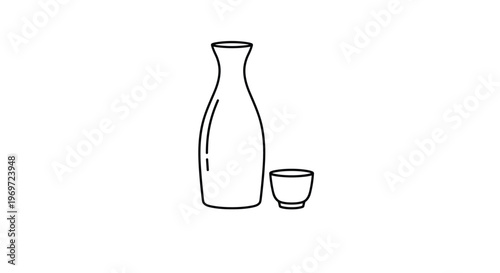 Minimalist outline drawing features a traditional japanese sake bottle and a small ceramic cup for alcoholic beverage service concepts.
