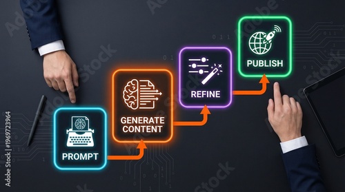 A businessman creating content using a digital workflow to generate, refine, and publish online