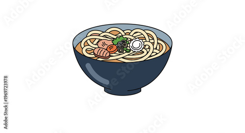 Hearty bowl of udon noodle soup comes with toppings like meat, vegetables, and narutomaki fish cake in a colorful flat illustration.