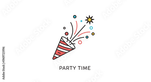 Colorful party popper illustration with confetti and the text party time celebrates festive occasions like birthdays and new years.