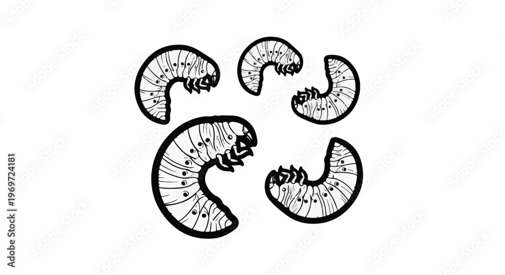 Obraz premium Five black and white illustrations of curved, segmented insect larvae with dots