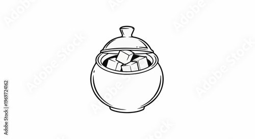 Line drawing of a lidded sugar bowl filled with sugar cubes