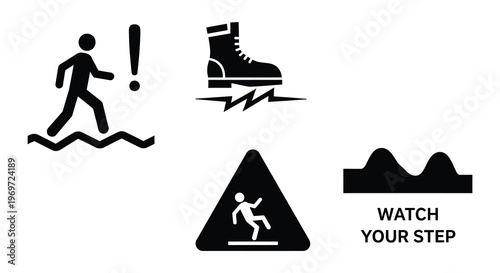 Warning signs depicting a person running and uneven ground hazards