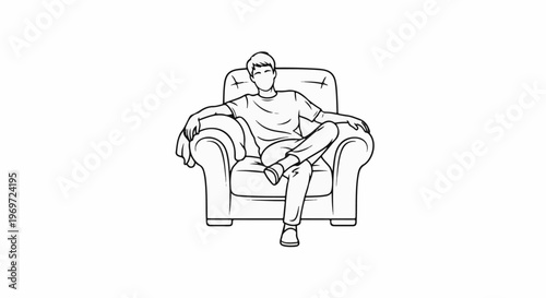 Line drawing of a man resting comfortably in a plush armchair
