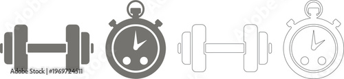 Dumbbell and stopwatch solid and outline fitness exercise